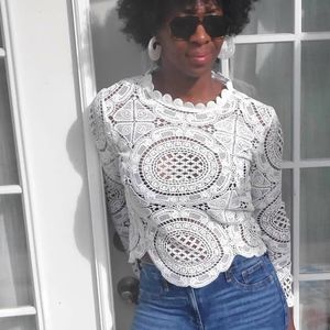 White Lace Zip Back Top
